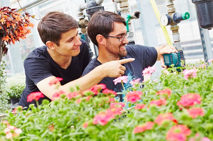Traumjob nicht nur im Sommer: Gärtner arbeiten umgeben von Pflanzen und verwenden dabei moderne Maschinen, Bewässerungs- und Computertechnik.